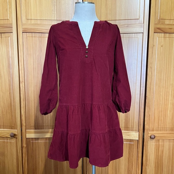 NWOT Time And Tru XS Burgundy Corduroy Dress 100% Cotton Boho Chic - Picture 3 of 10